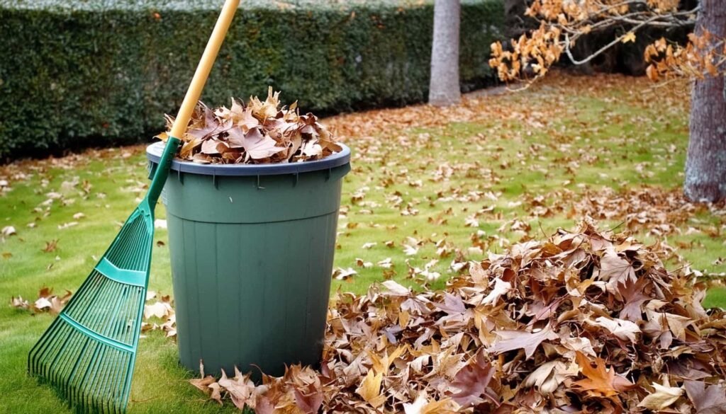 Green trash can with raked leaves and a pile of leaves next to it