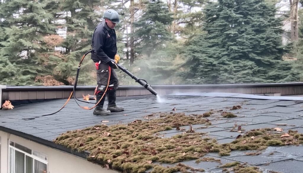 Worker removing moss from a roof using a blower