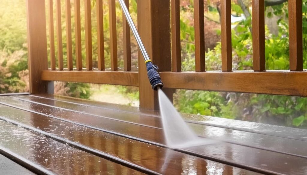 Pressure washing a wooden deck